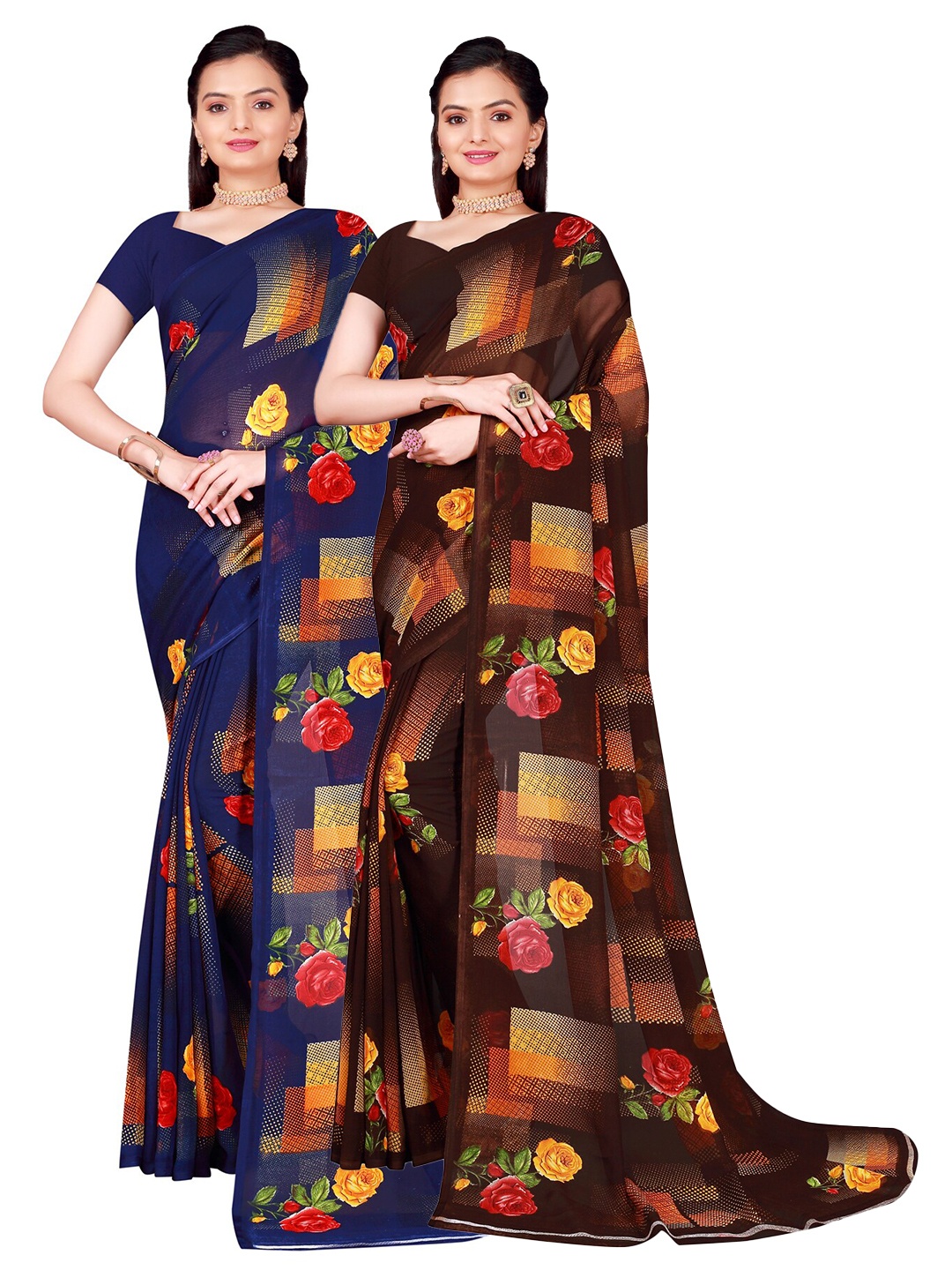 

Florence Navy Blue & Brown Floral Pure Georgette Saree