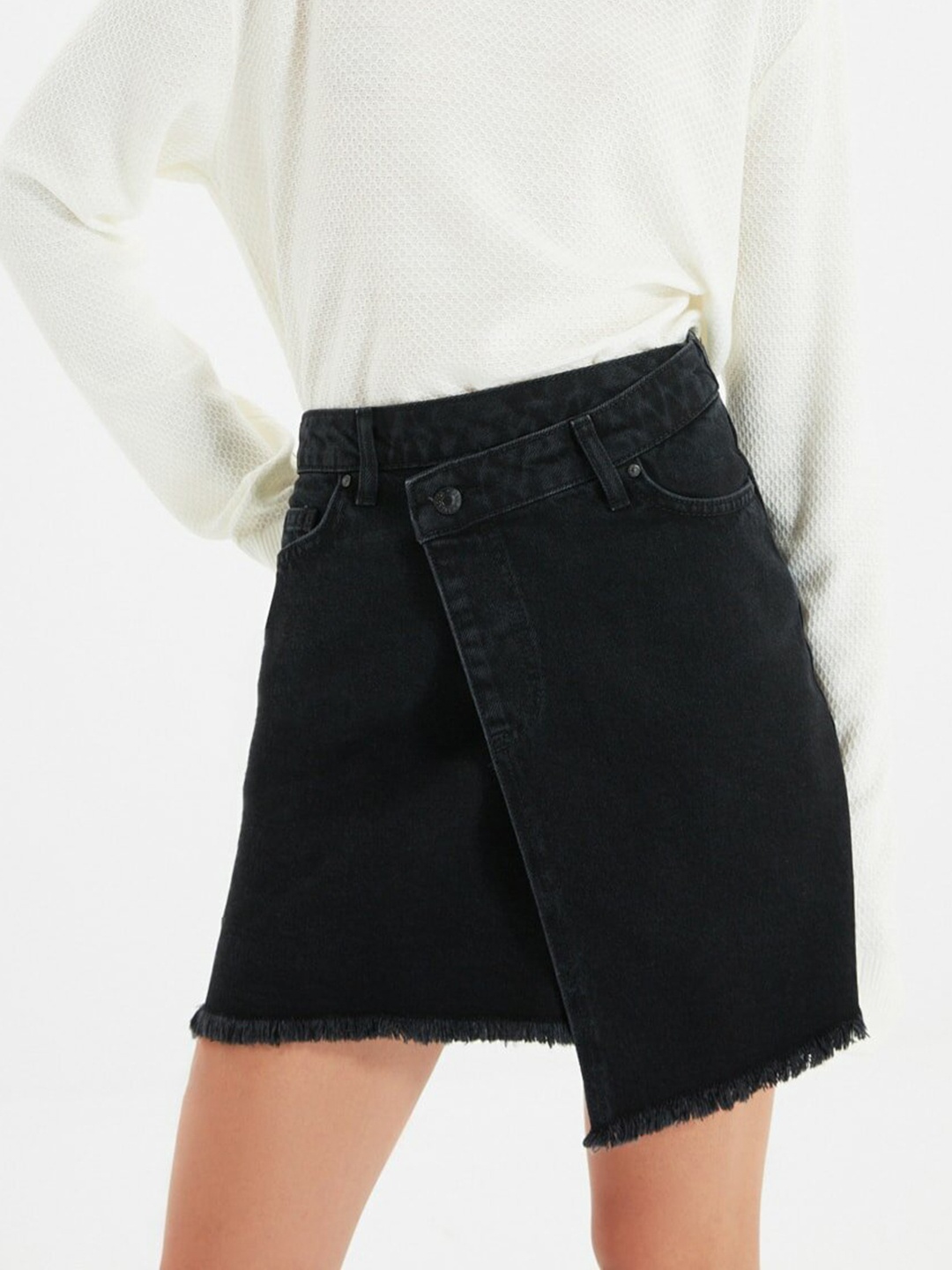 

Trendyol Women Black Solid Pure Cotton Asymmetric Denim Skirt