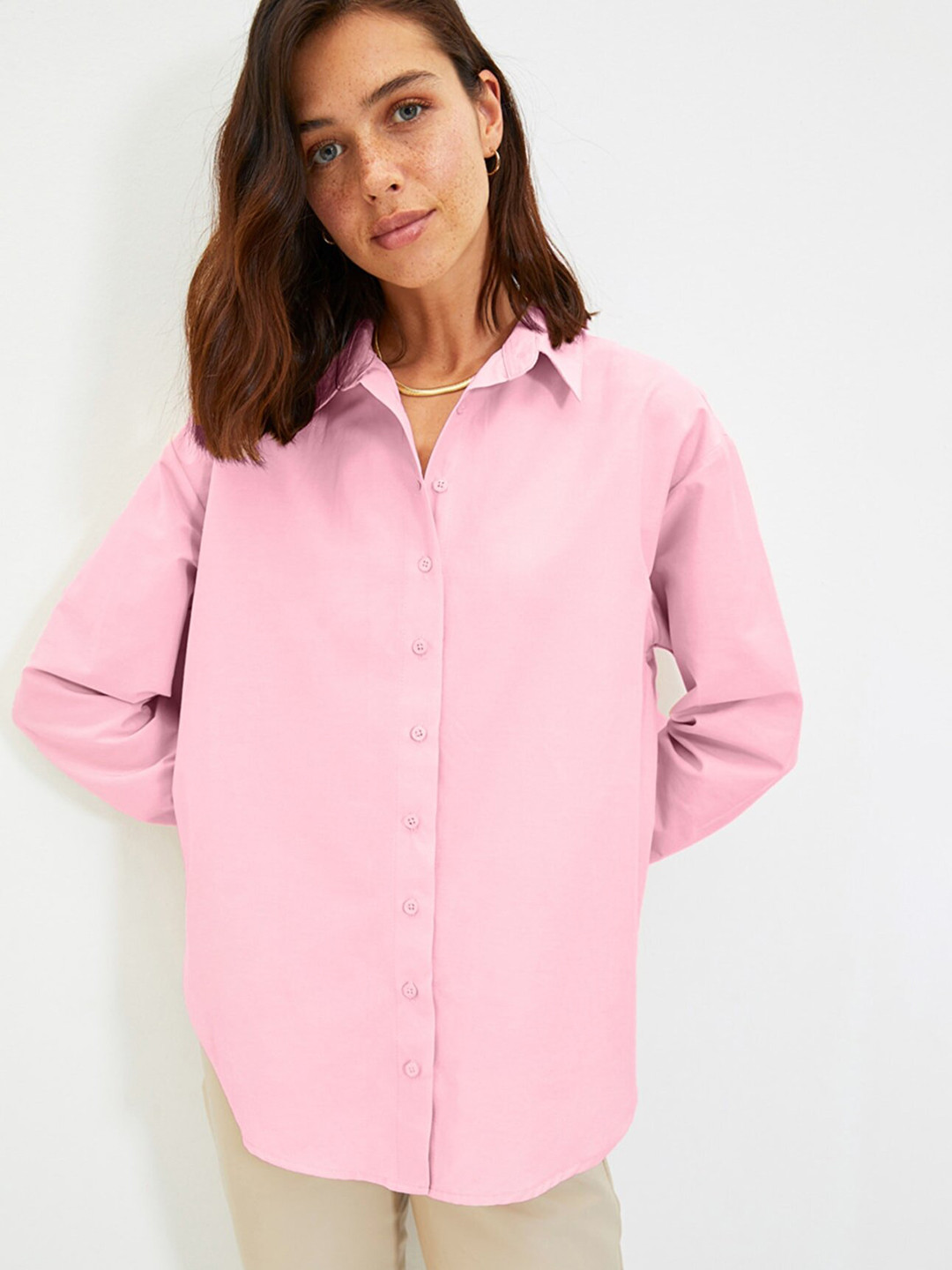 

Trendyol Women Pink Spread Collar Loose Fit Casual Shirt