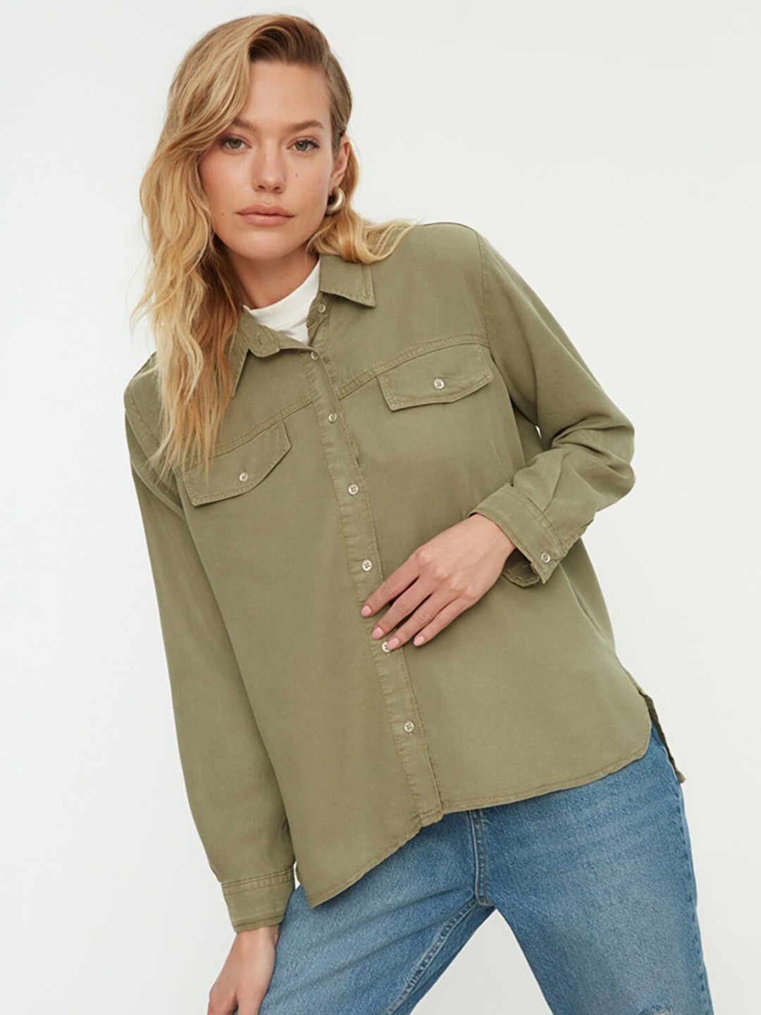 

Trendyol Women Olive Green Solid Casual Shirt