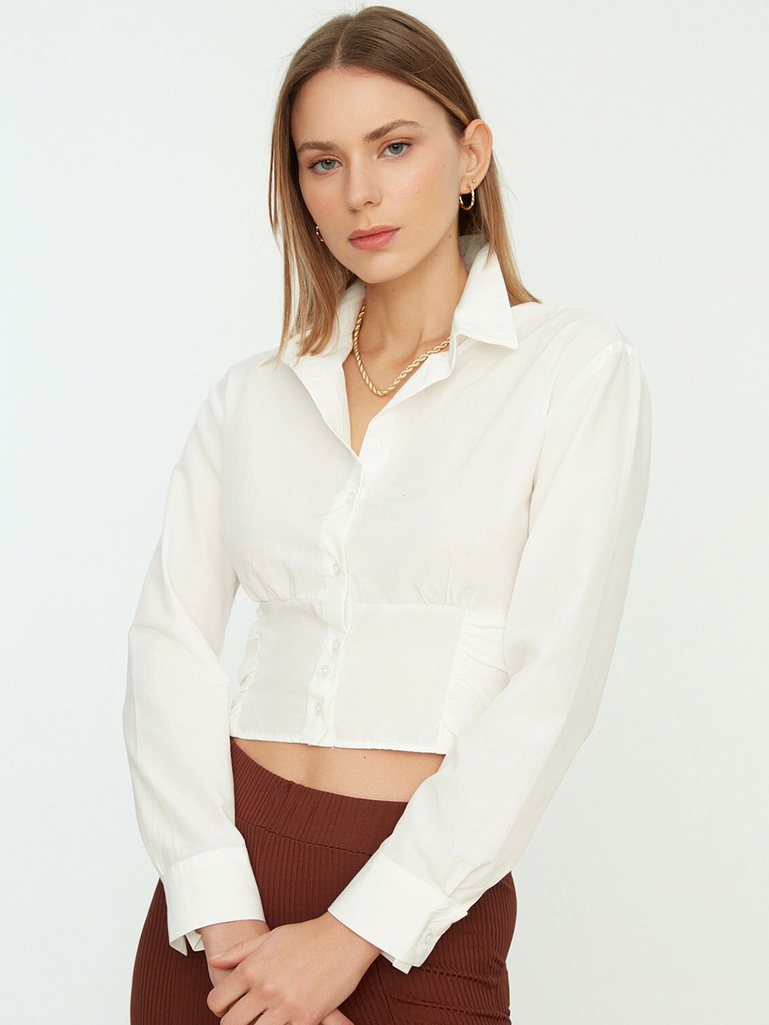 

Trendyol Women Off White Solid Casual Shirt