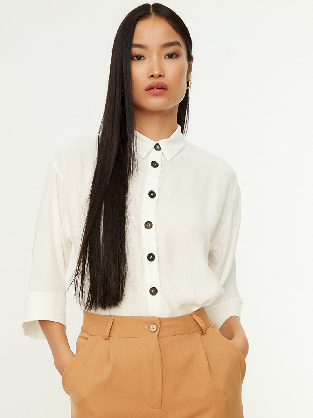 

Trendyol Women Off White Solid Casual Shirt