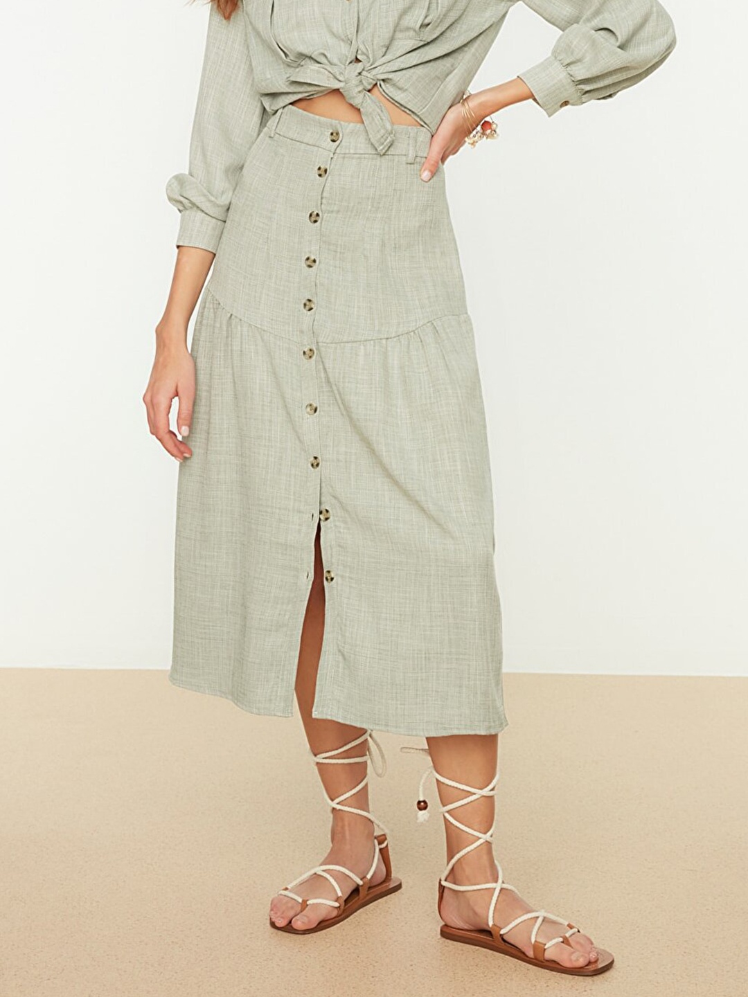 

Trendyol Women Sage Green Solid Buttoned Midi A-line Skirt