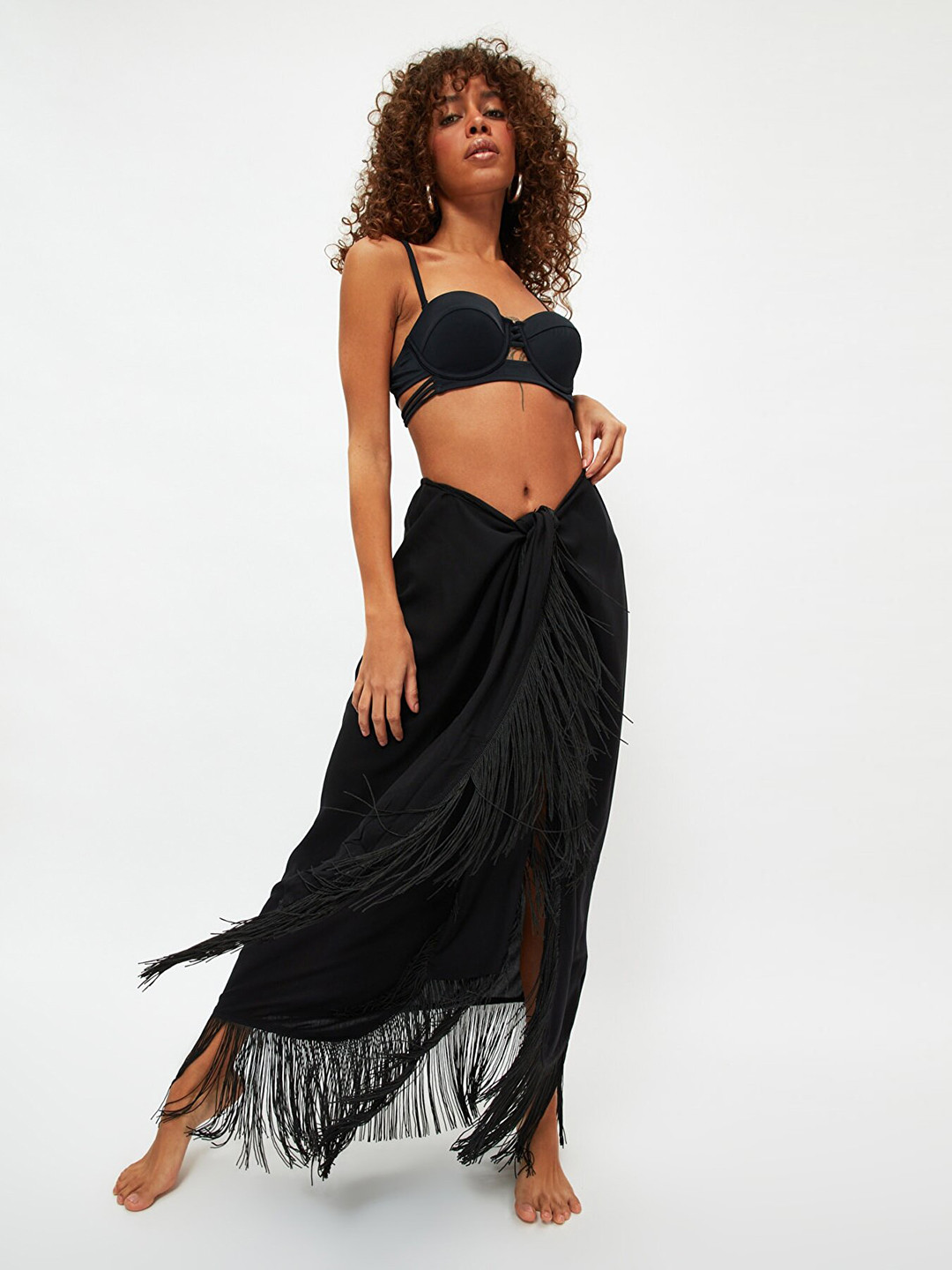 

Trendyol Women Black Solid Tasseled Cover-Up Sarong