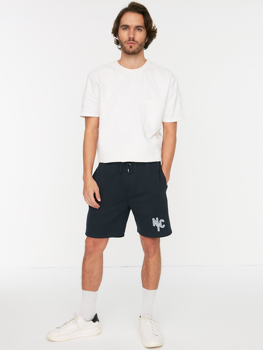 

Trendyol Men Navy Blue & Grey Solid Above Knee Length Shorts