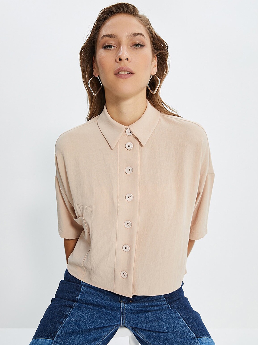 

Trendyol Women Beige Spread Collar Casual Shirt
