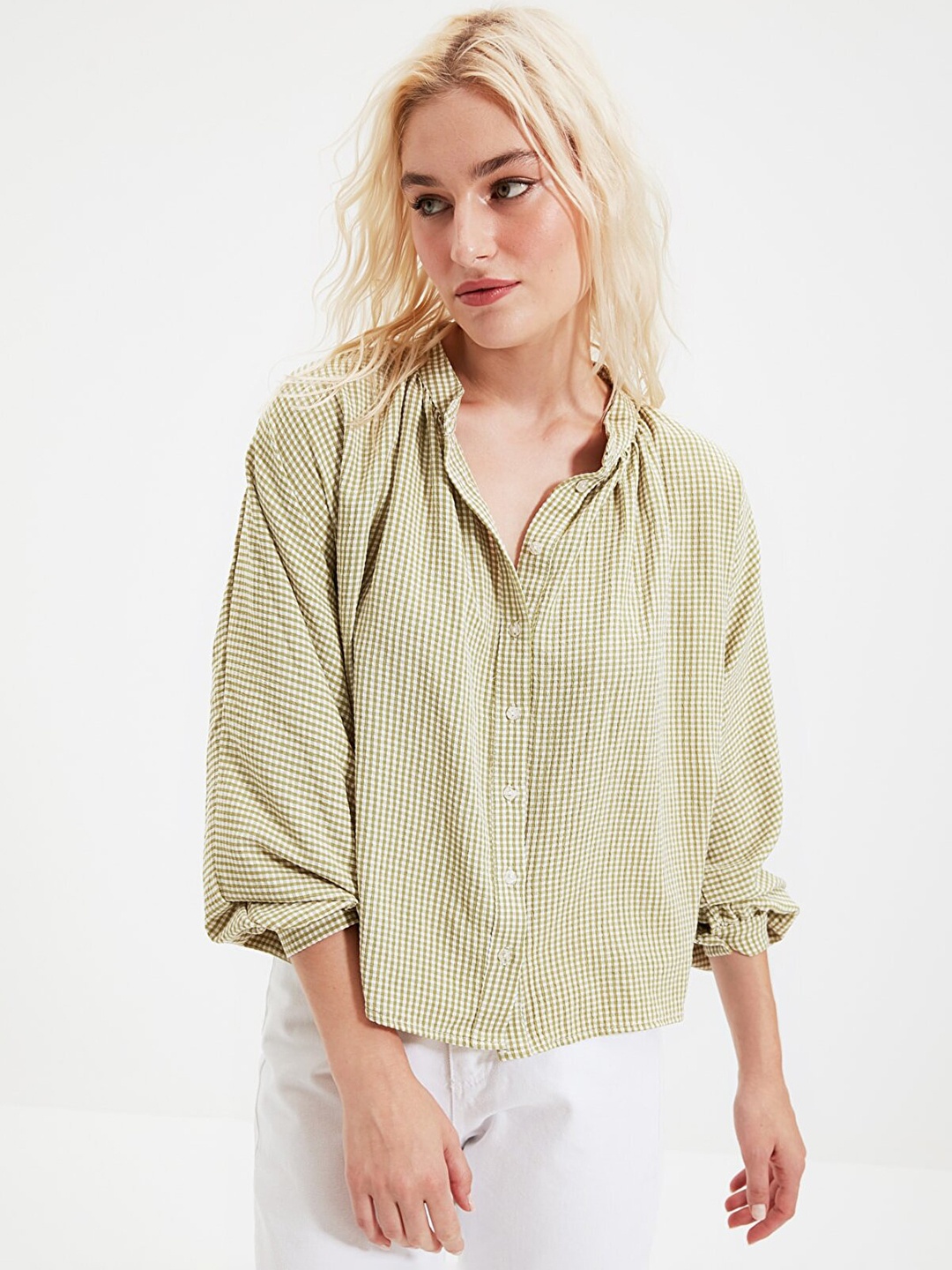 

Trendyol Women Green Gingham Checks Casual Shirt