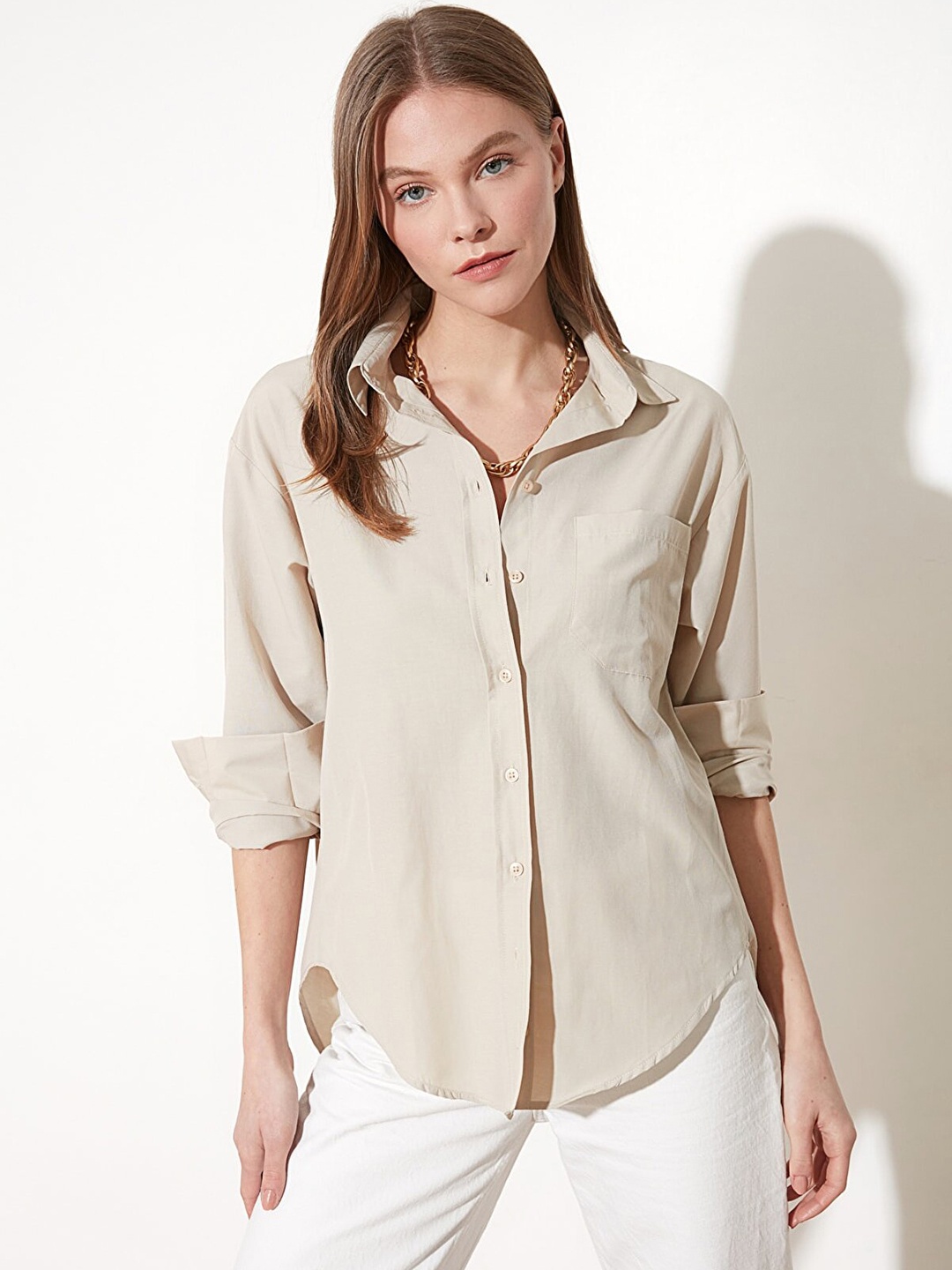 

Trendyol Women Cream-Coloured Spread Collar Casual Shirt