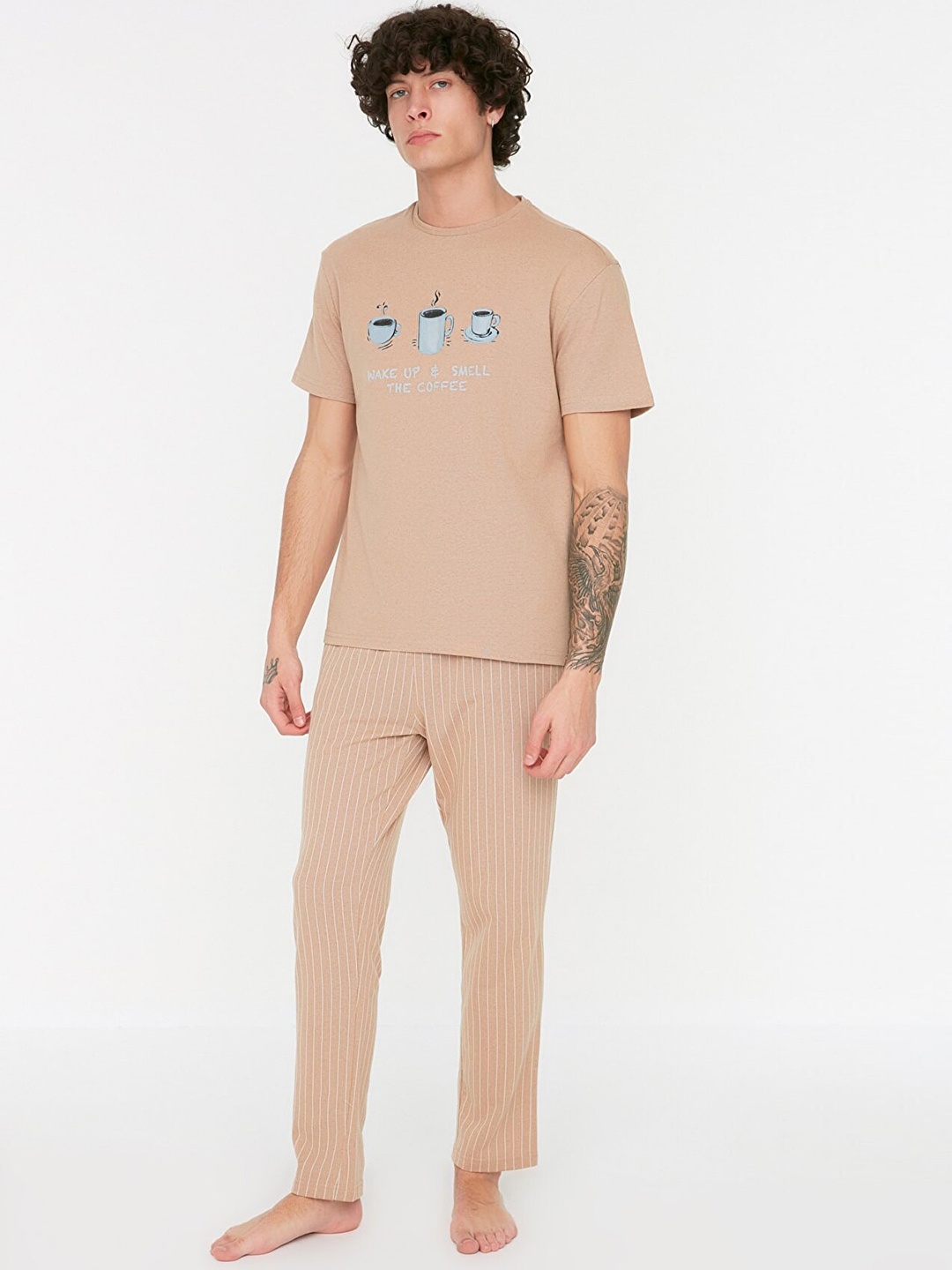 

Trendyol Men Beige Pure Cotton Printed Pyjama Set