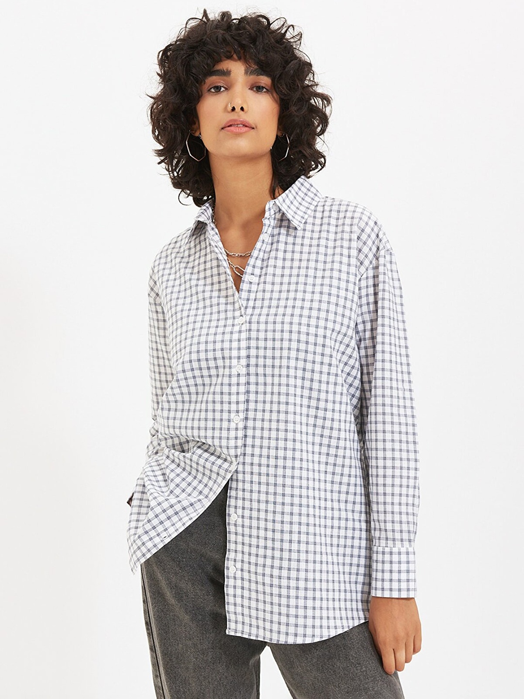 

Trendyol Women White & Blue Checked Pure Cotton Casual Shirt