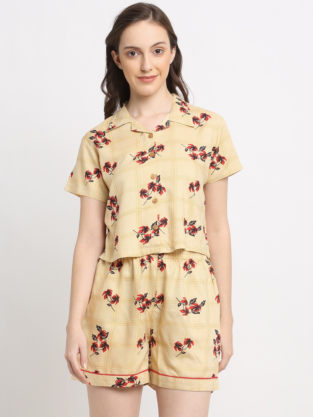 

Katn India Women Beige & Maroon Floral Printed Night Suit
