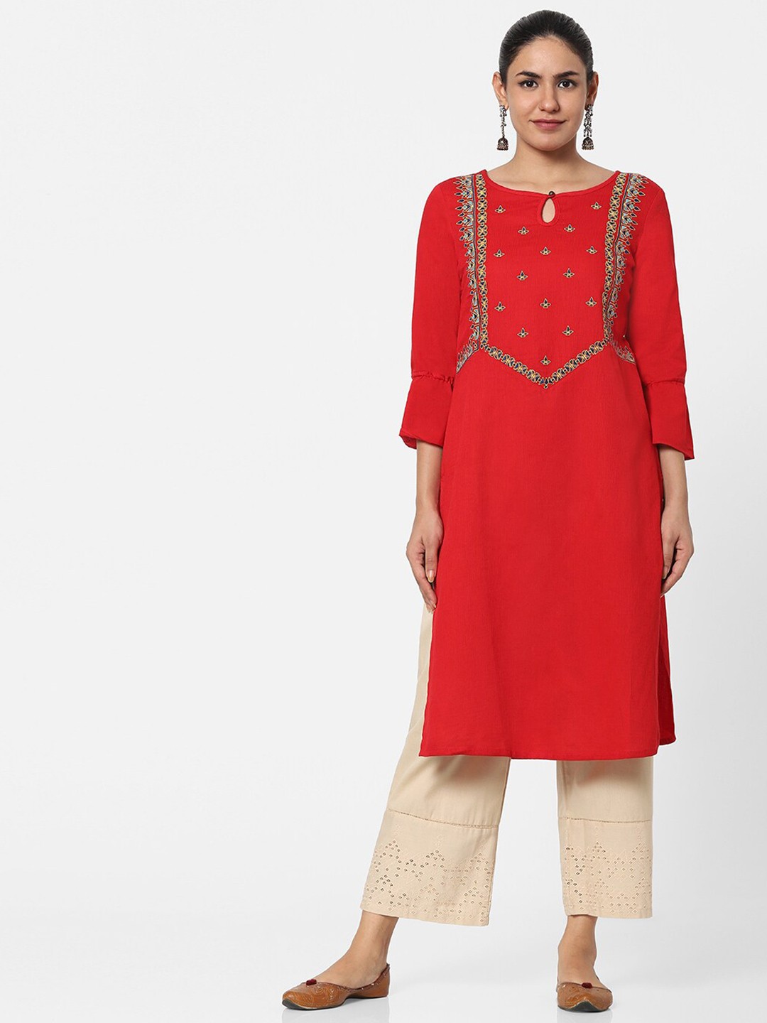 

Naari Women Red Ethnic Motifs Embroidered Keyhole Neck Kurta