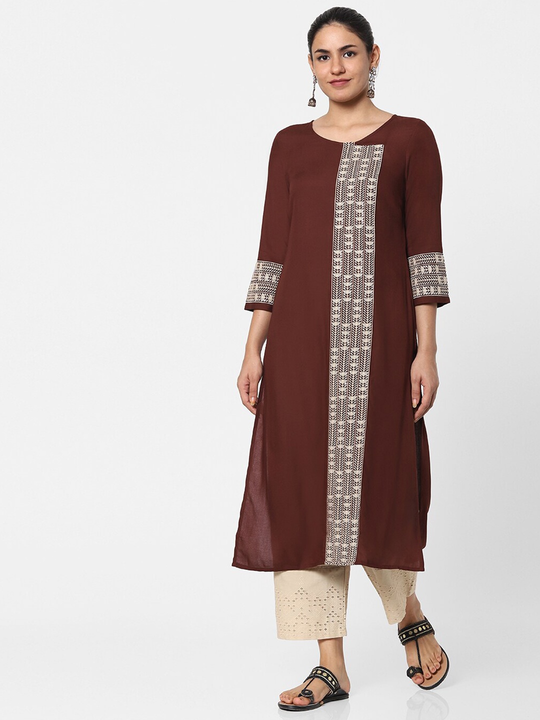 

Naari Women Brown & Beige Ethnic Motifs Embroidered Thread Work Kurta