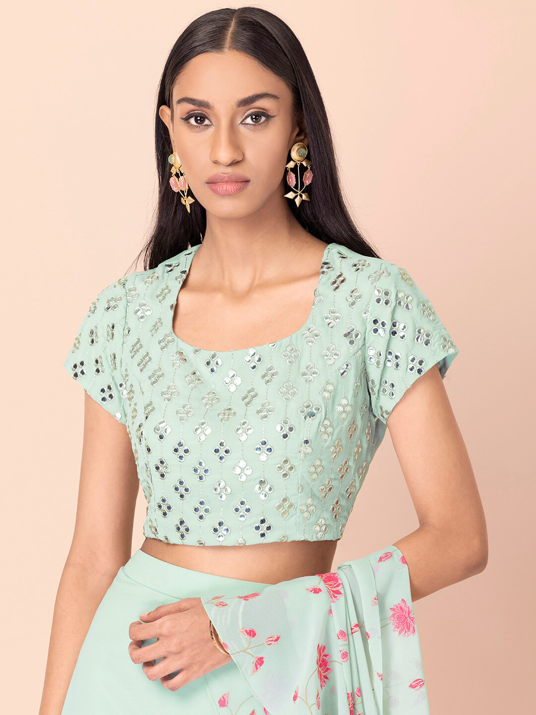 

INDYA Women Green Embellished Georgette Mirror Work Crop Top