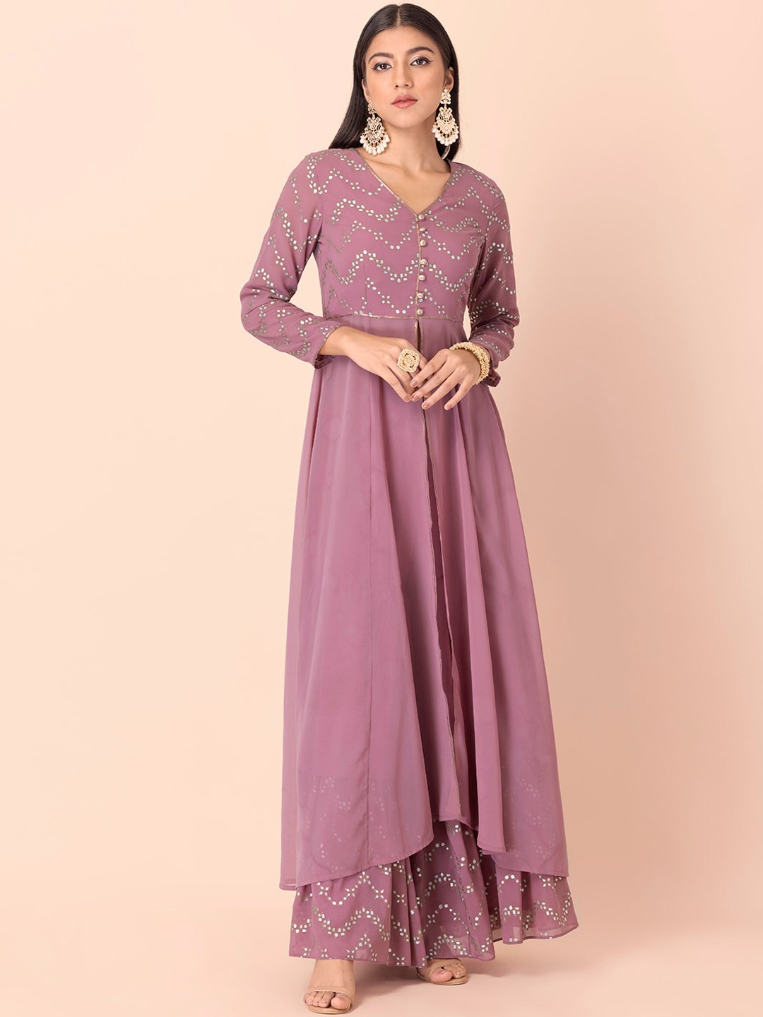 

INDYA Women Pink Yoke Design Mirror Work Georgette Anarkali Kurta