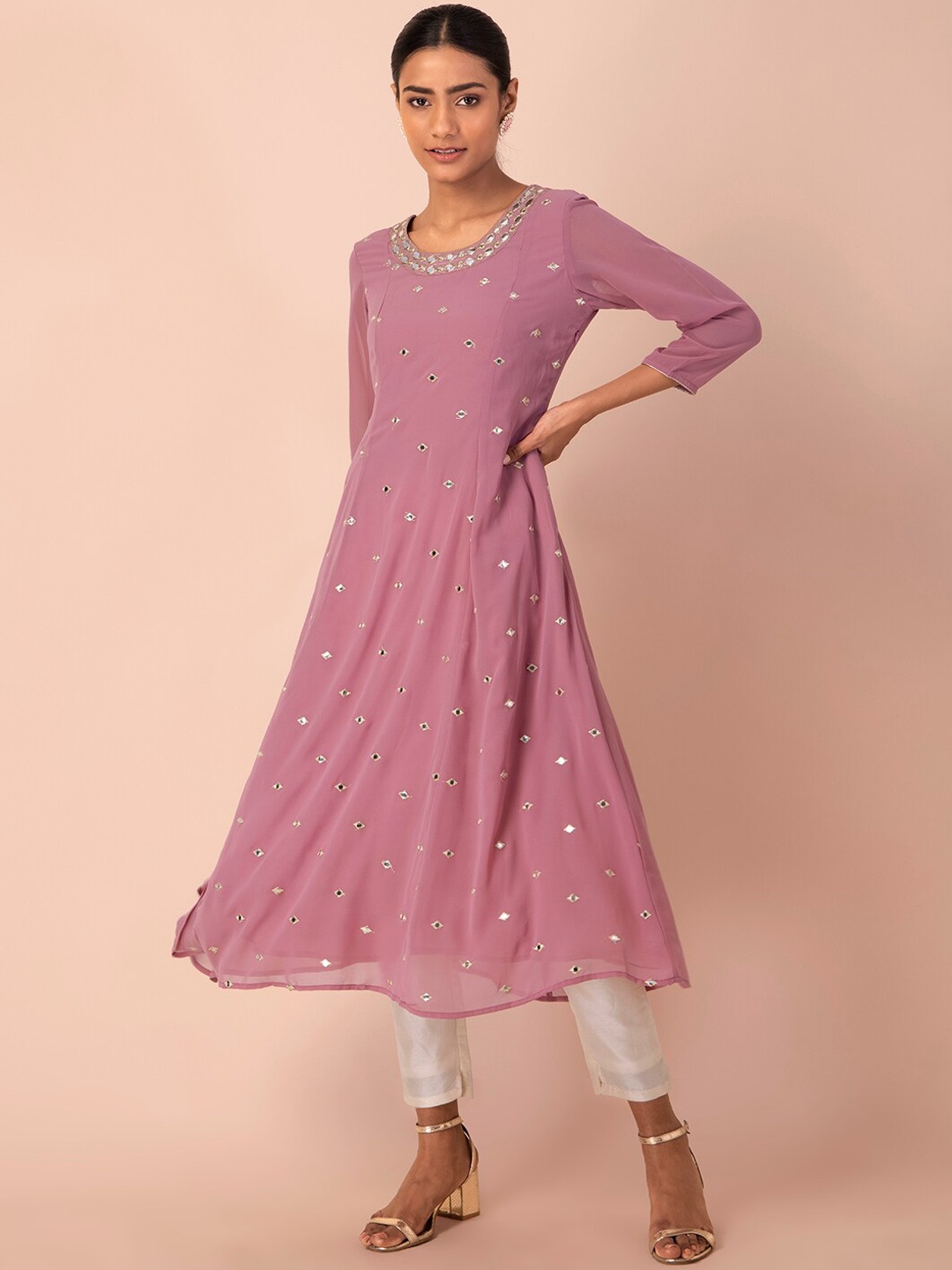 

INDYA Pink Foil Embroidered Anarkali Kurta