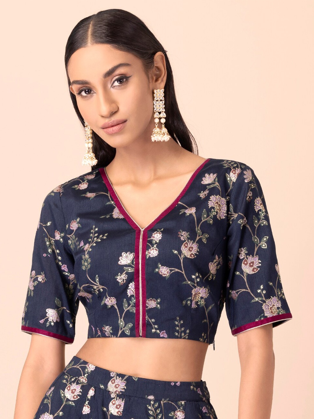 

INDYA Navy Blue Floral Print Crop Top