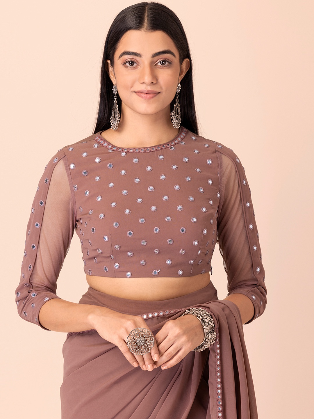 INDYA Pink Embellished Georgette Mirror Mesh Sleeve Blouse