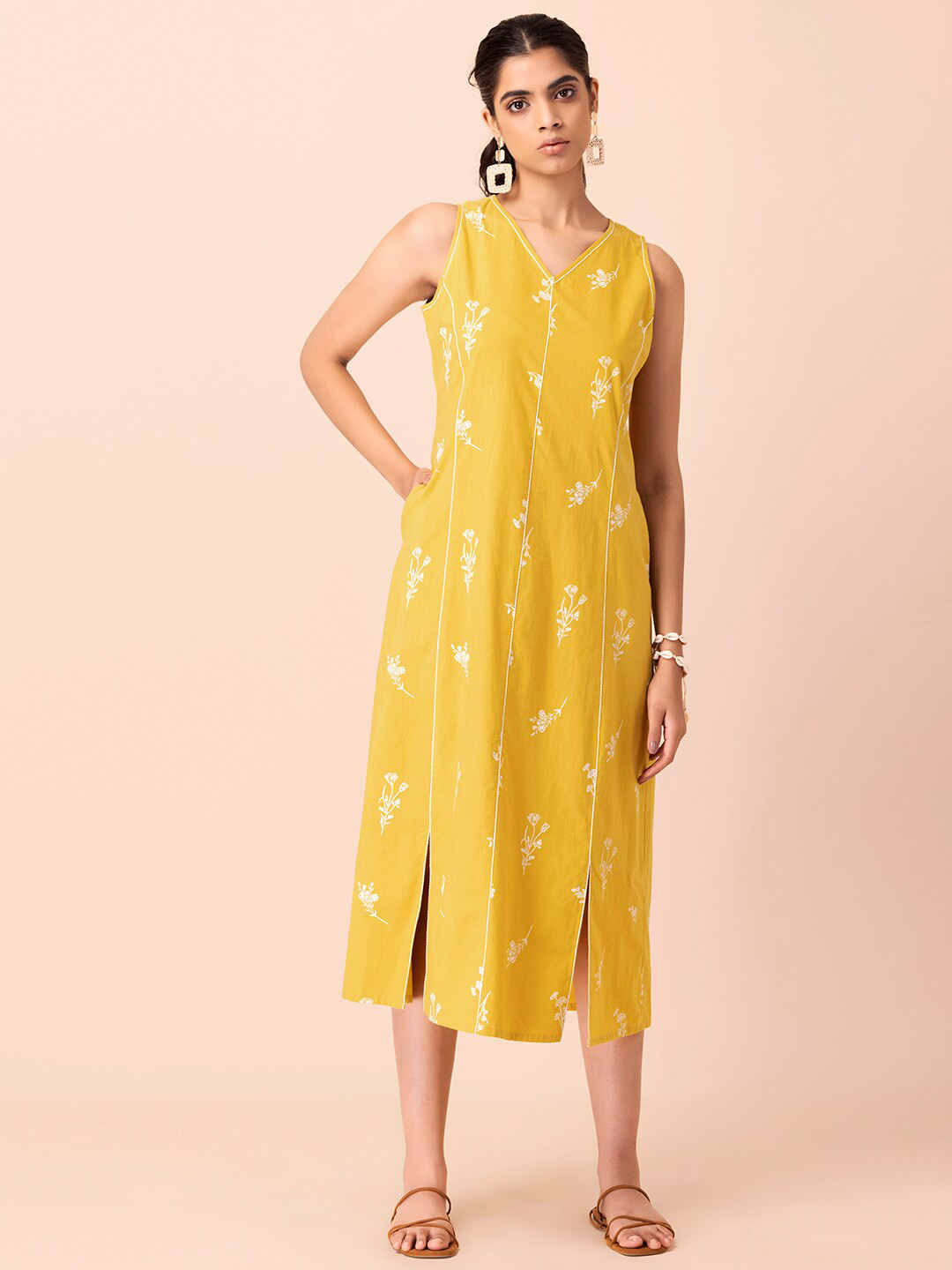 

Earthen BY INDYA Yellow Floral Ethnic A-Line Midi Pure Cotton Dress