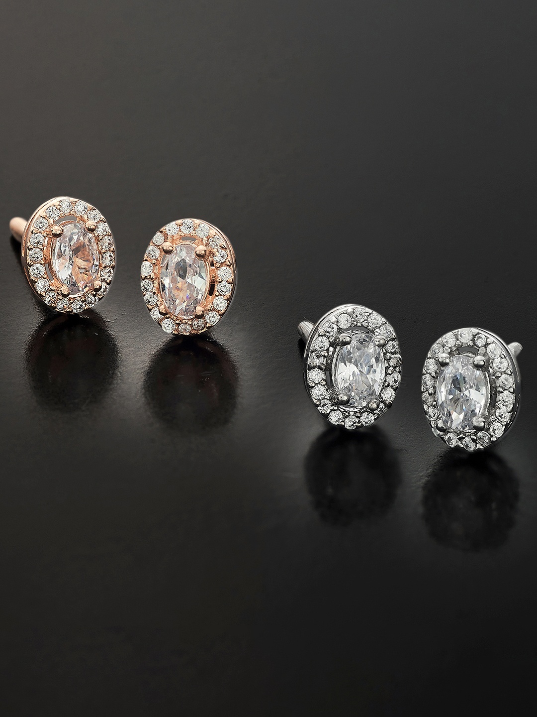 

Peora Pack of 2 Silver-Toned & Rose Gold Oval-Shaped Studs Earrings