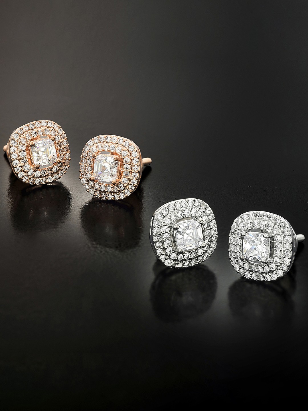 

Peora Pack of 2 Silver-Toned & Rose Gold Square-Shaped Studs Earrings