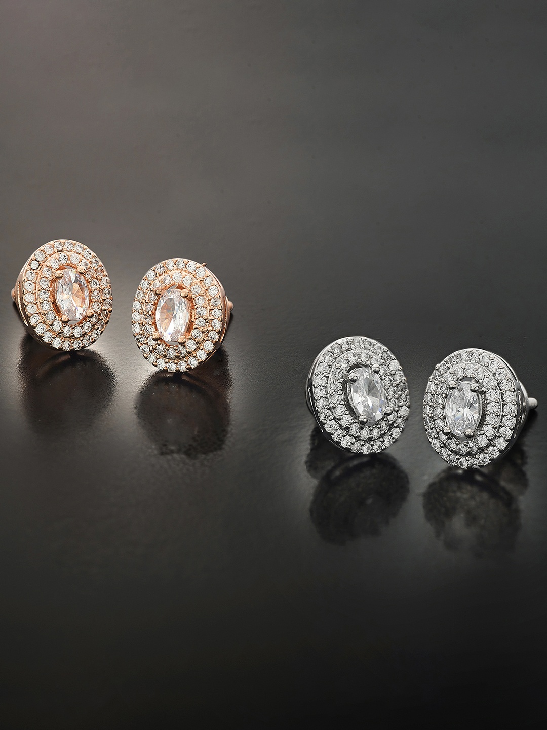 

Peora Pack of 2 Silver-Toned & Rose Gold Oval-Shaped Studs Earrings