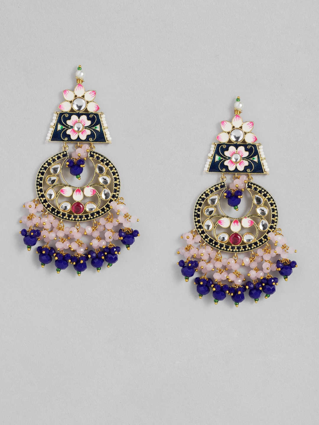 

Peora Navy Blue Gold-Plated Kundan Studded & Beaded Meenakari Enamelled Drop Earrings