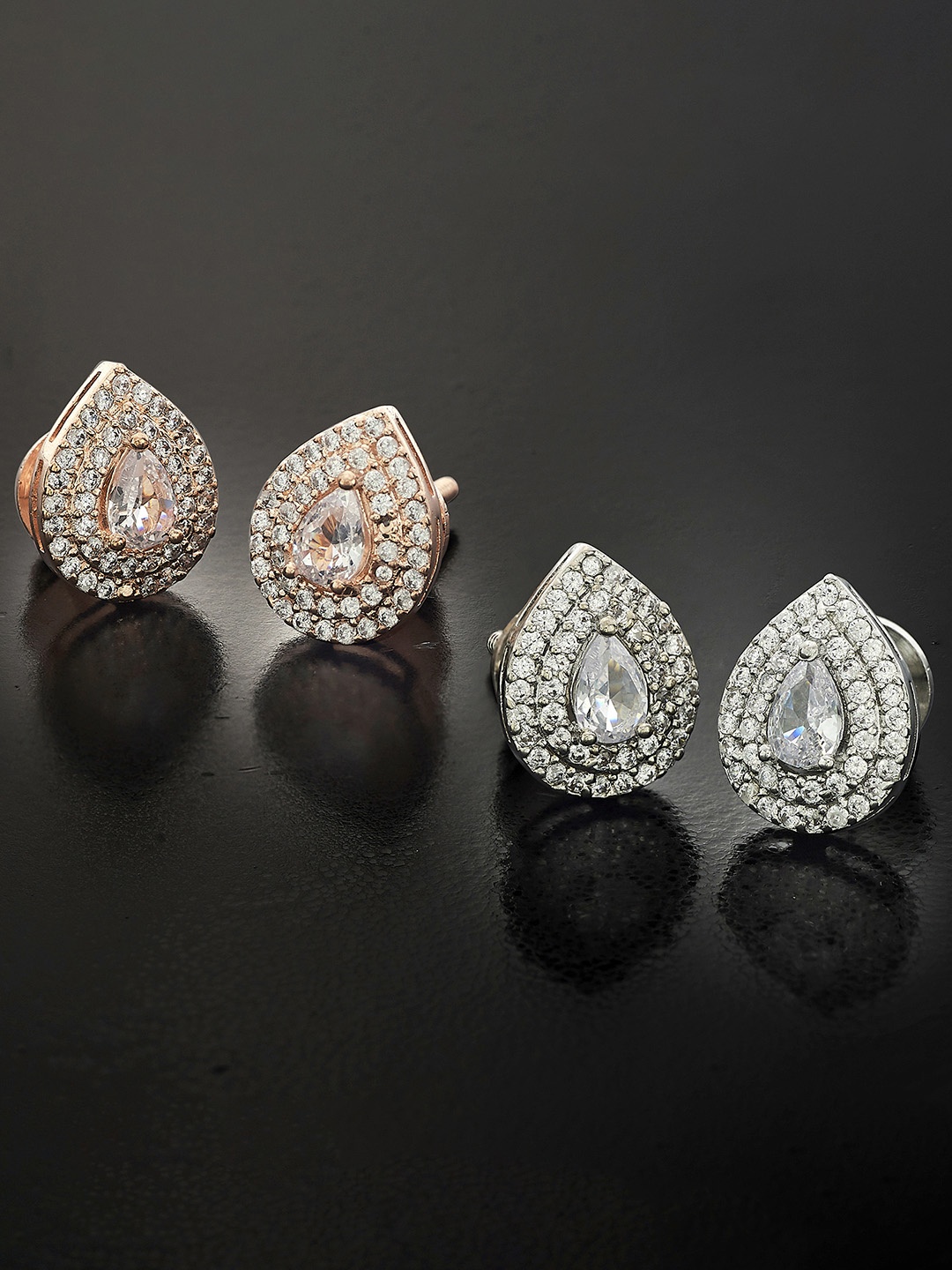 

Peora Pack of 2 Silver-Toned & Rose Gold Teardrop-Shaped Shaped Studs Earrings