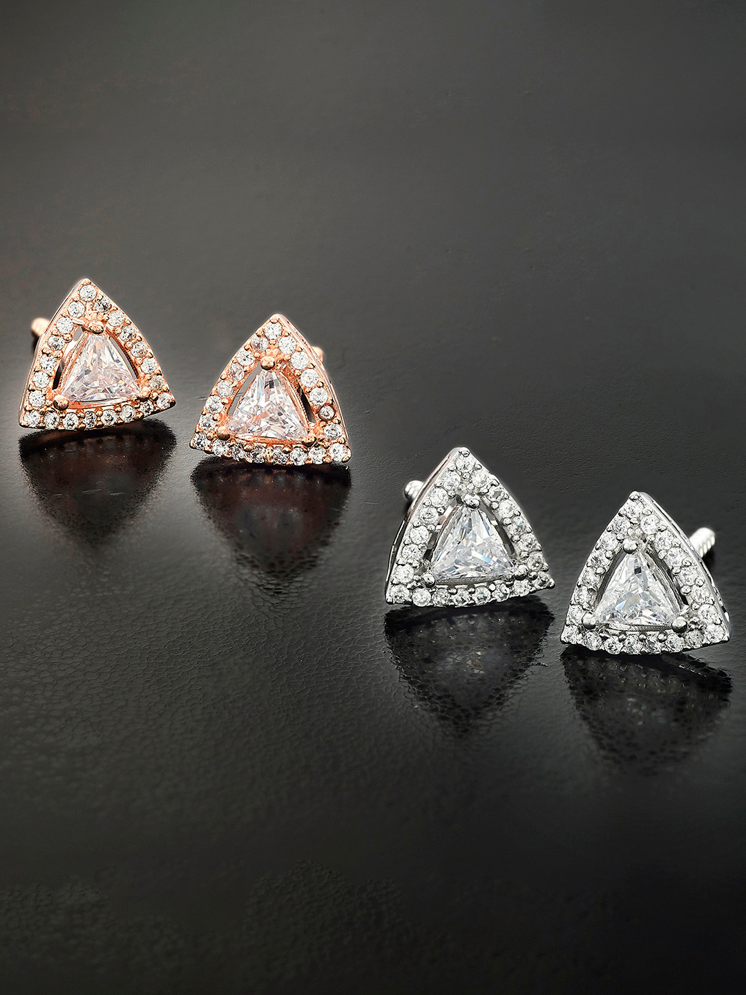 

Peora Pack of 2 Silver-Toned & Rose Gold Triangular-Shaped Studs Earrings