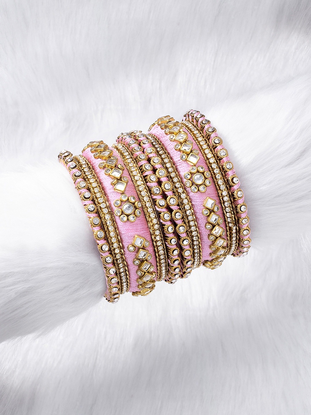 

Peora Set Of 10 Pink Gold-Plated Velvet Matching Fancy Silk Thread Bangles