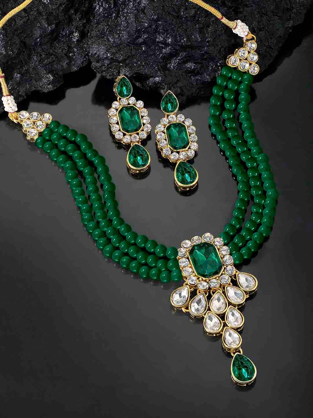 

PEORA Green Gold-Plated Stone Studded & Beaded Jewellery Set