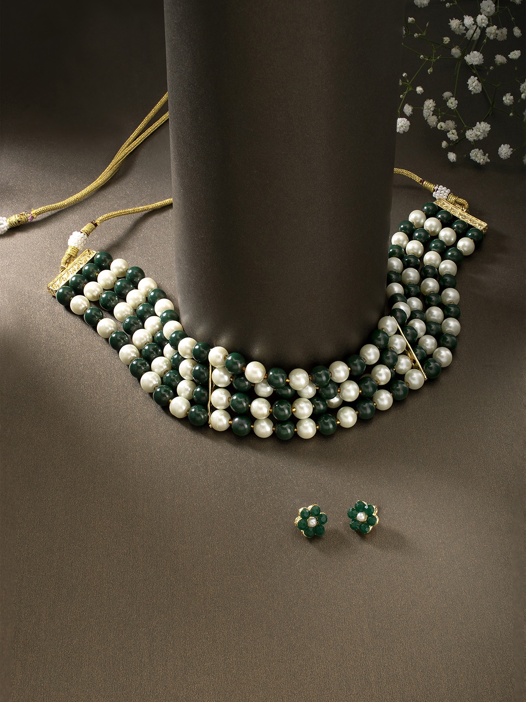 

PEORA Green & Off-White Gold-Plated Beaded Jewellery Set