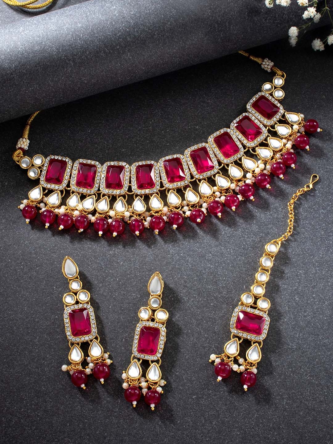 

PEORA Gold-Plated Magenta Kundan Choker Jewellery Set