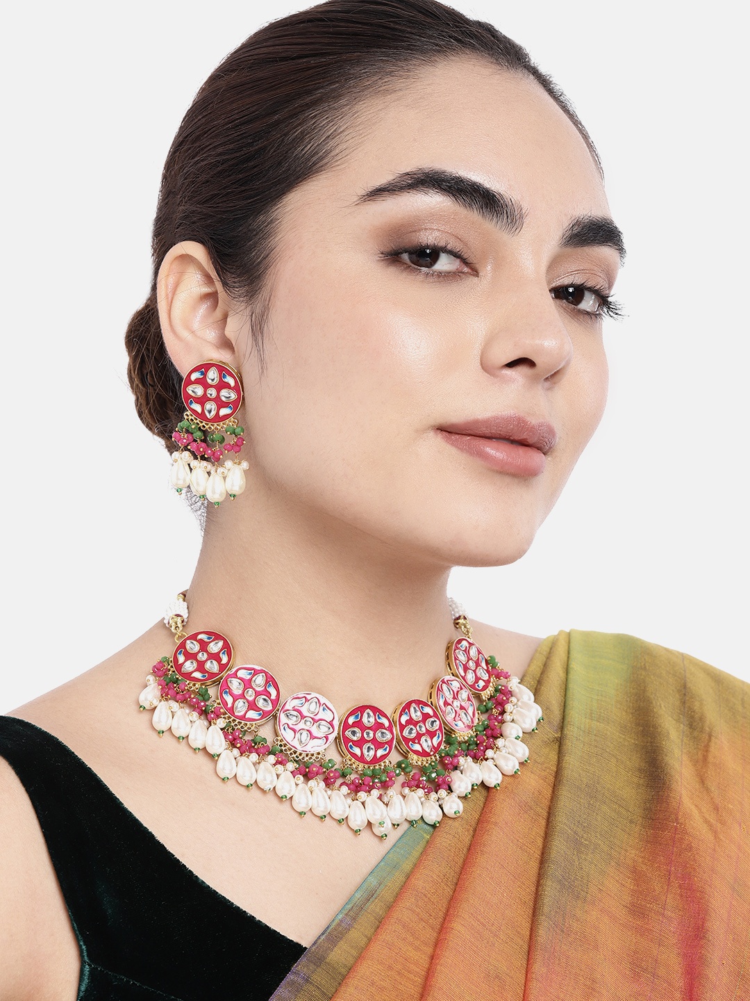 

Peora Gold-Plated Magenta Enamel Meenakri Choker Necklace With Earrings Set