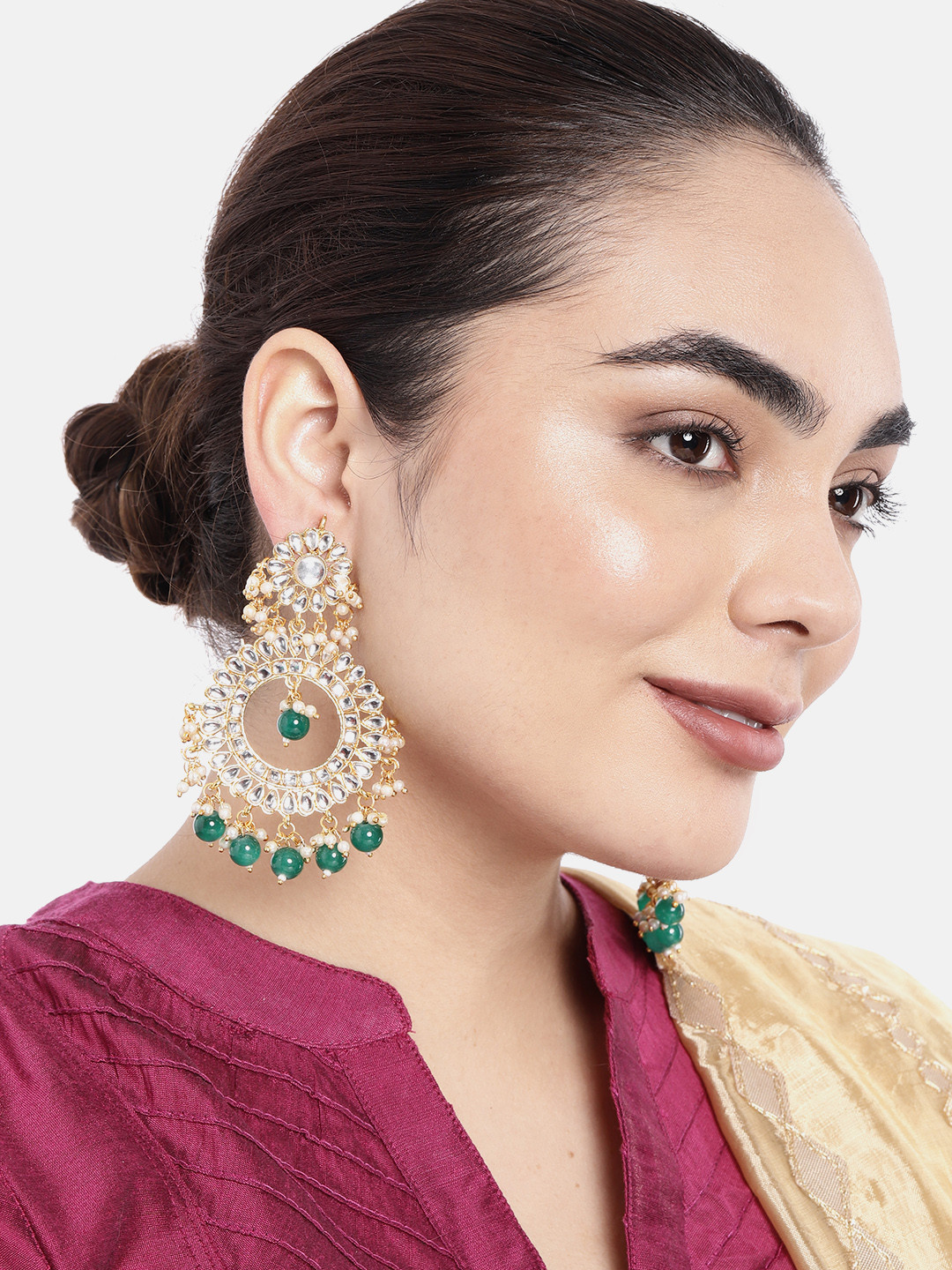 

Peora Green Gold-Plated Kundan Studded & Beaded Circular Drop Earrings