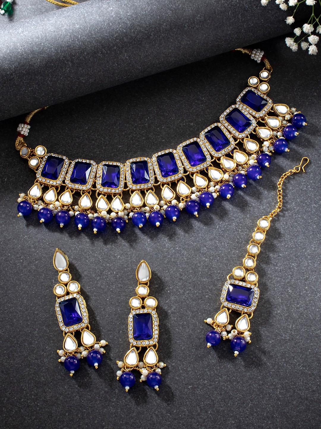 

Peora Blue Gold Plated Traditional Kundan Choker Necklace Jewellery Set