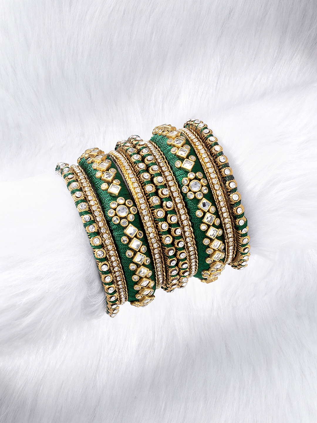 

Peora Set Of 10 Green Gold-Plated Stone Studded Silk Thread Bangles