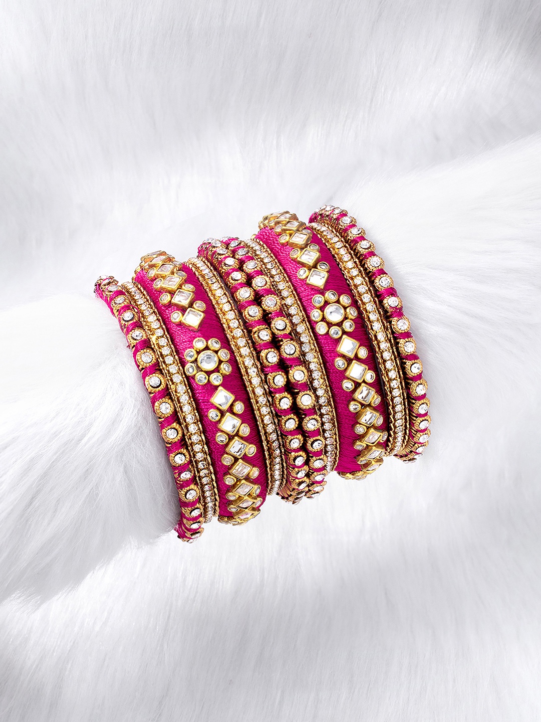 

Peora Set Of 10 Pink Gold-Plated Stone Studded Silk Thread Bangles