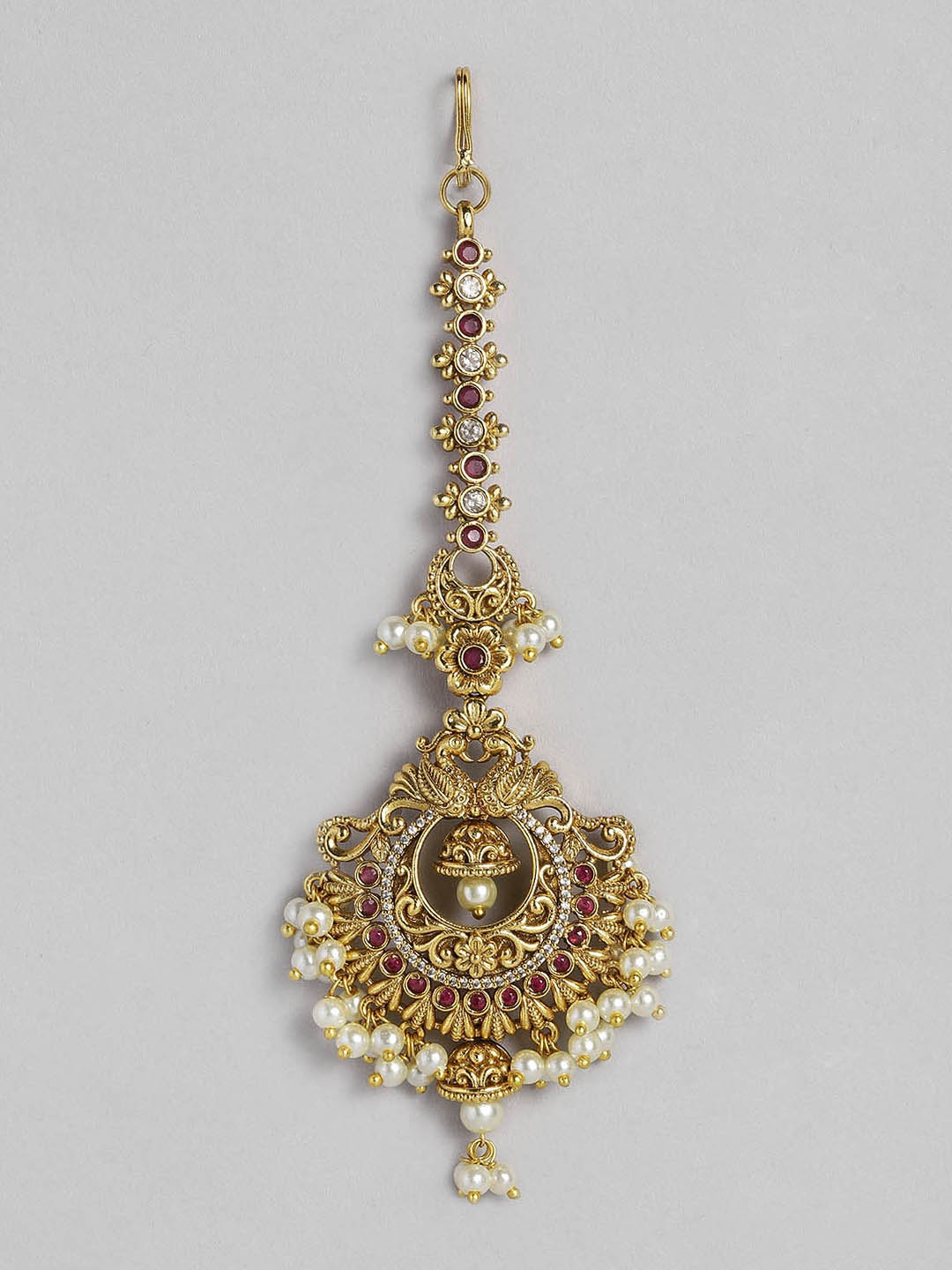 

Peora Gold-Plated Red & White Stone Studded Chandbali Maang Tikka