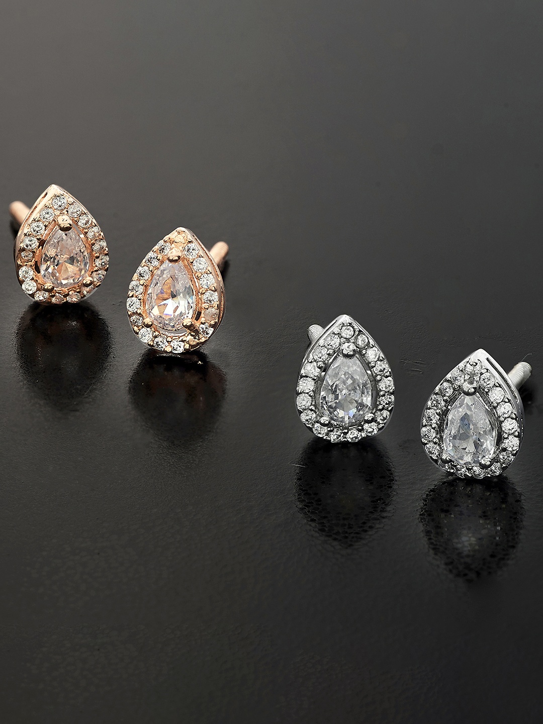 

Peora Pack of 2 Silver-Toned & Rose Gold Teardrop Shaped Studs Earrings