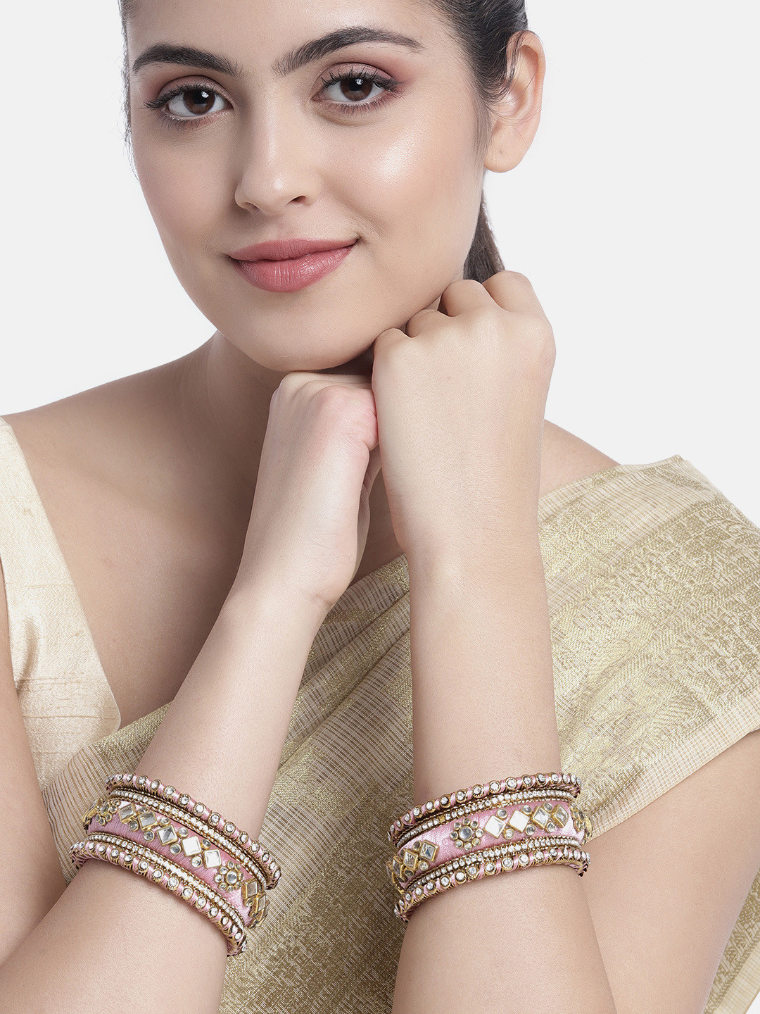 

Peora Set Of 10 Pink Gold-Plated Stone Studded Silk Thread Bangles