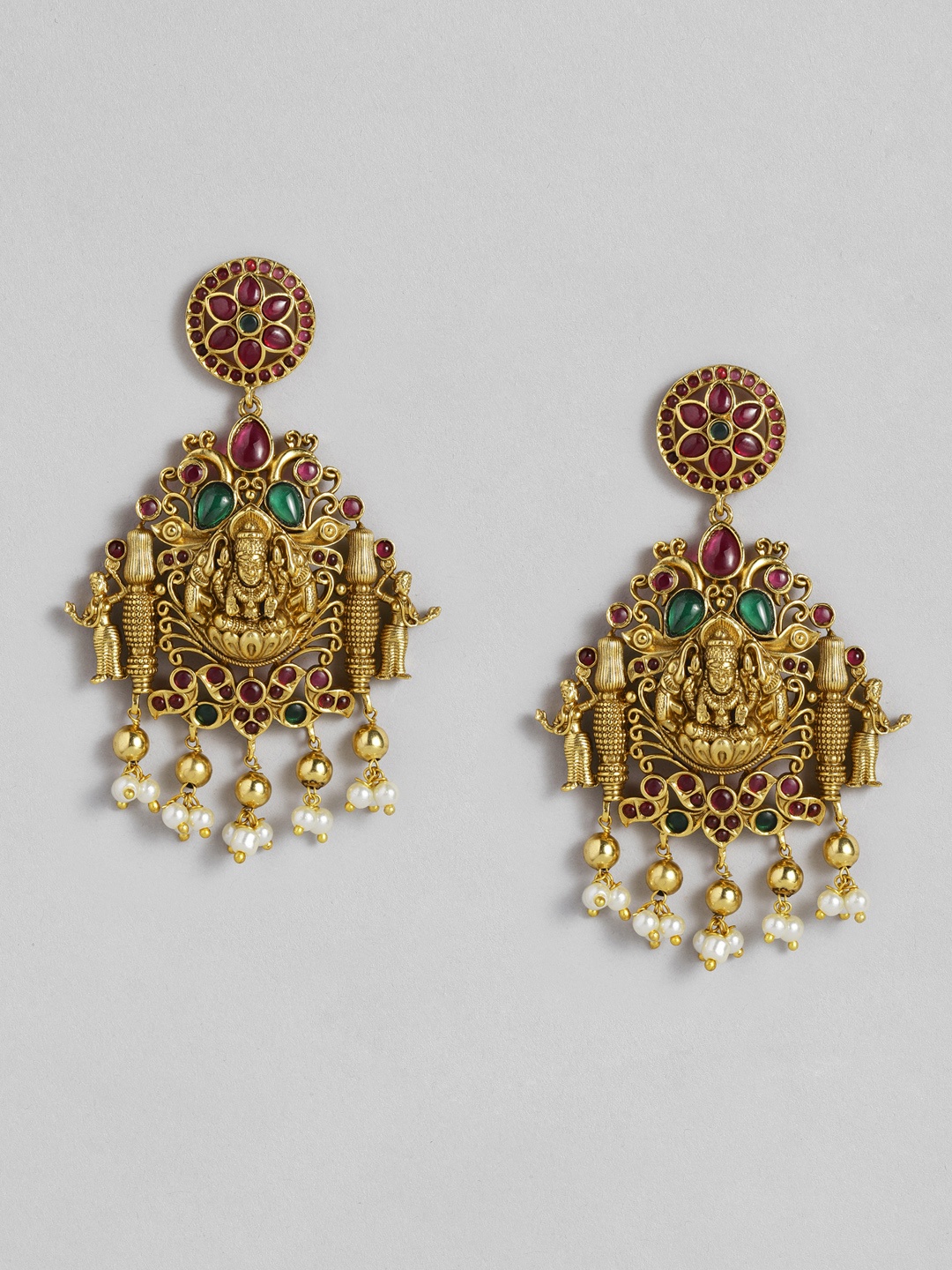 

Peora Pink Gold-Plated Stone Studded & Beaded Laxmi Classic Drop Earrings