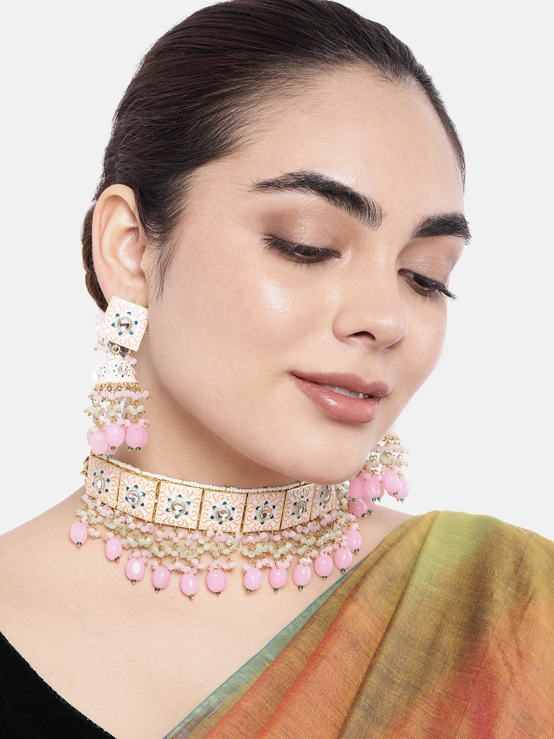 

Peora Gold-Plated Pink Enamel Meenakri Choker Necklace With Earrings Set