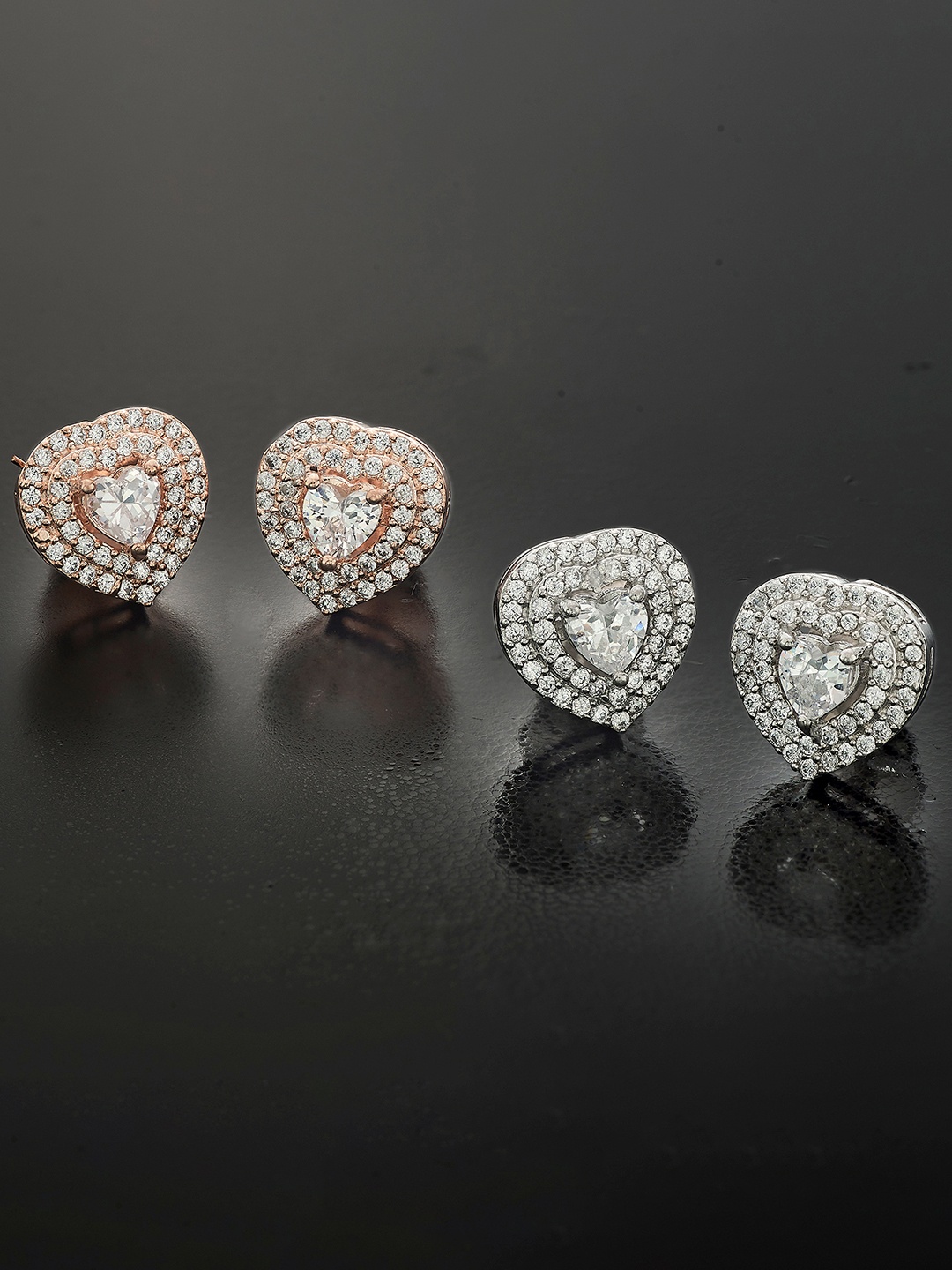 

Peora Pack of 2 Silver-Toned & Rose Gold Heart Shaped Studs Earrings