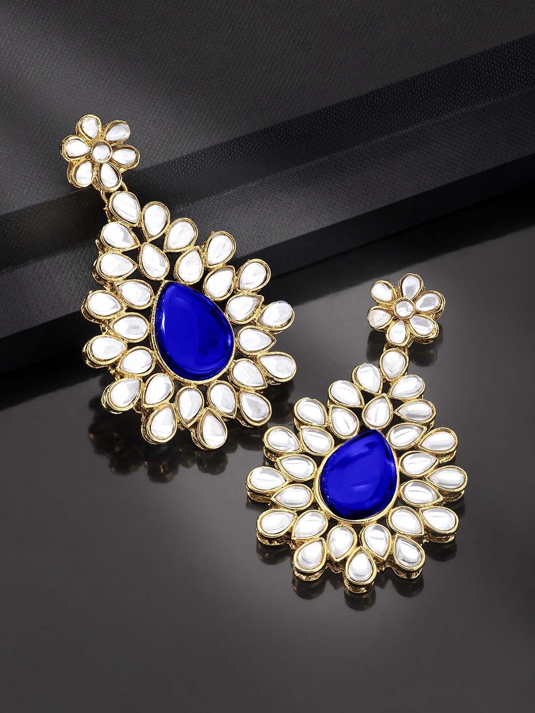 

Peora Navy Blue Gold-Plated Kundan Studded Jadau Classic Drop Earrings