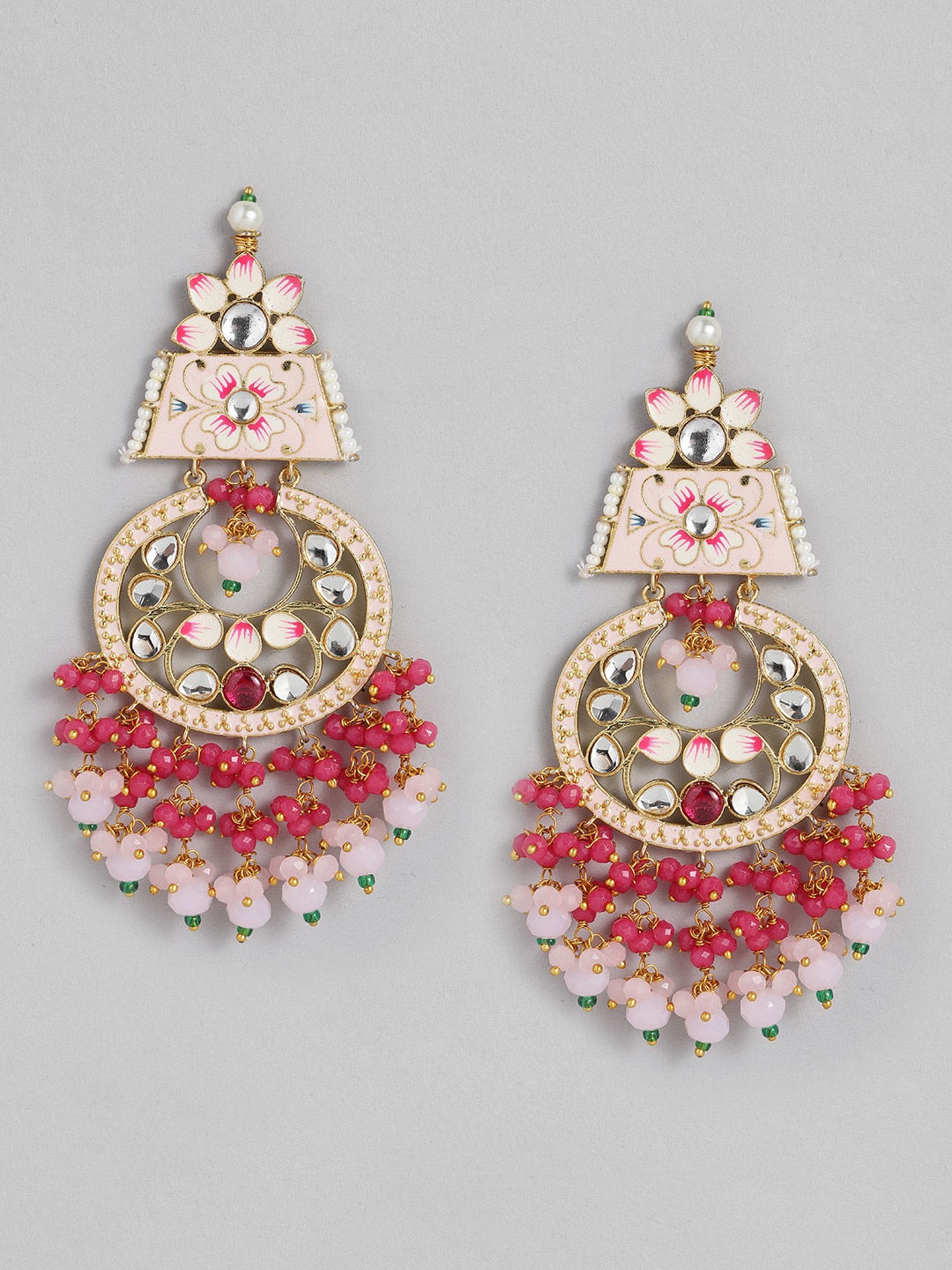 

Peora Pink Gold-Plated Kundan Studded & Beaded Meenakari Enamelled Drop Earrings