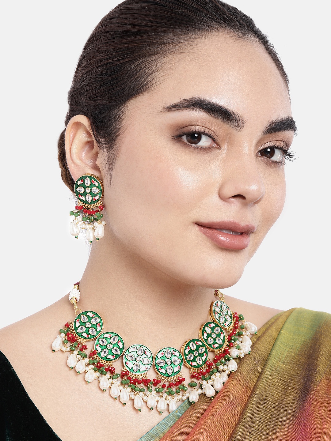 

Peora Gold-Plated Pink Enamel Meenakri Choker Necklace With Earrings Set