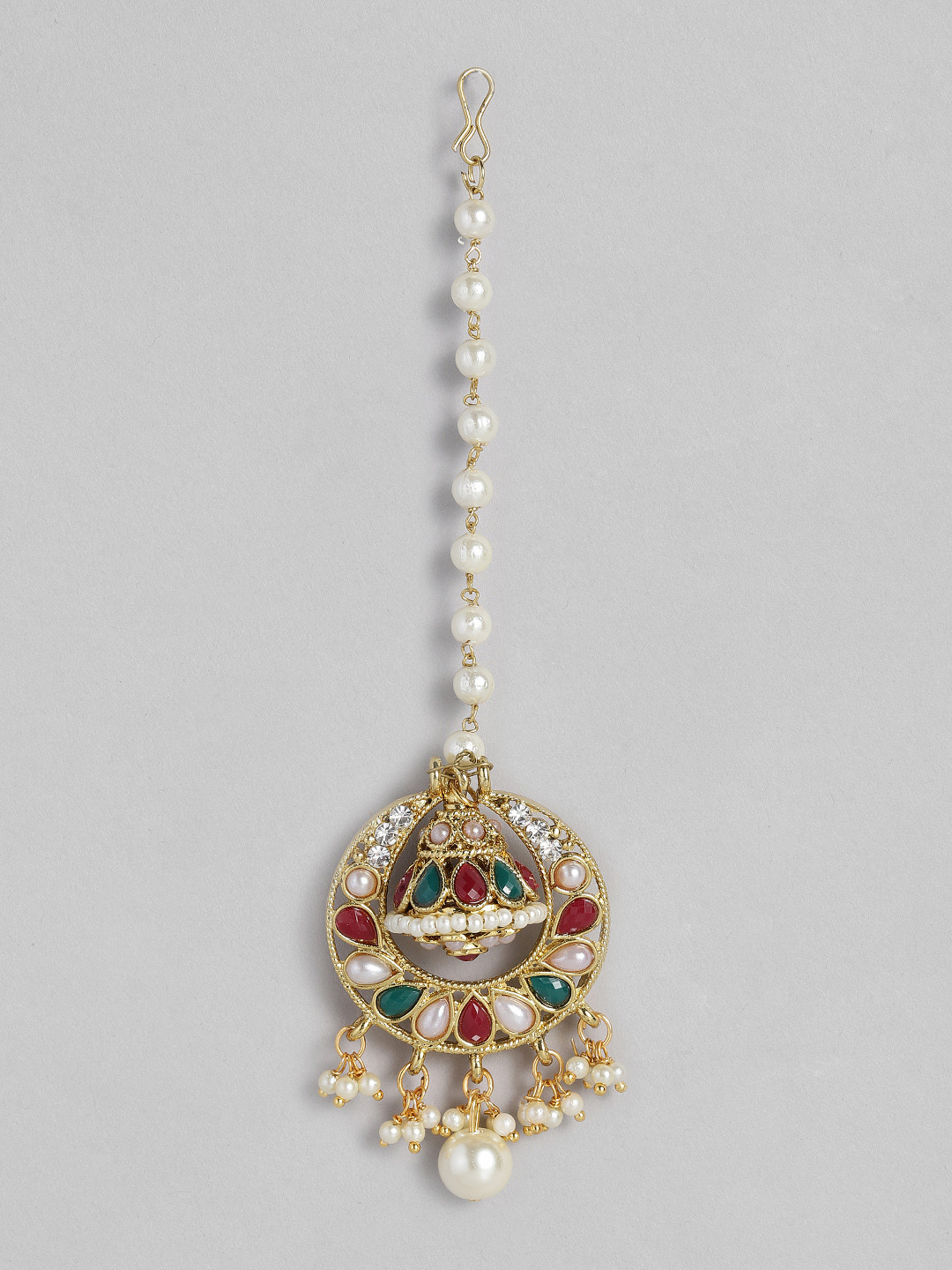 

Peora Gold-Plated Maroon & Green Kundan Dangling Pearl Beads Maang Tikka
