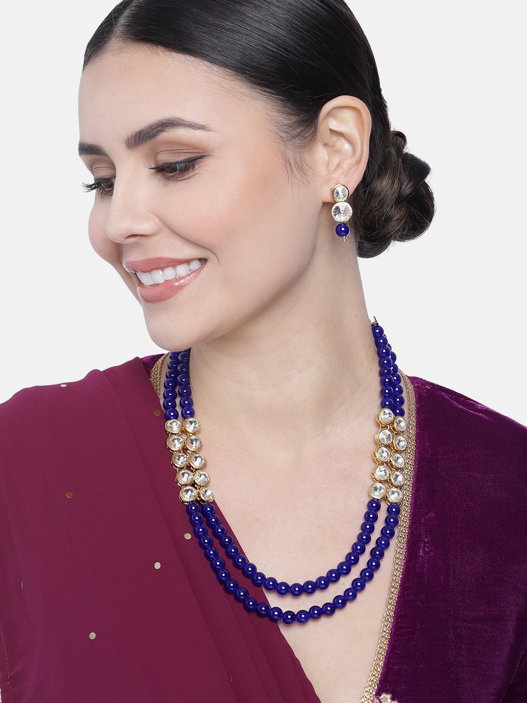 

Peora Blue Gold Plated Crystal Blue Pearl Long Necklace Jewellery Set