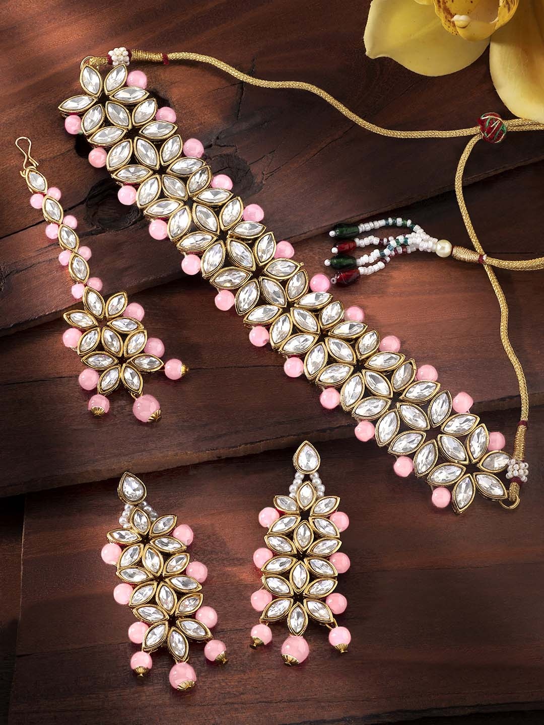 

Peora Gold-Plated Pink Kundan Studded Choker Jewellery Set